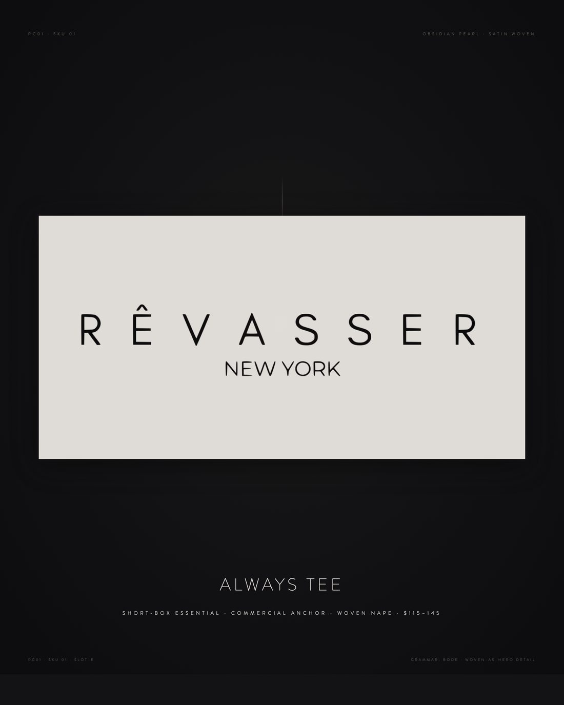 Deck slide 1 · Neck tag asset sheet. Spaced-serif wordmark, stroke/cap 0.06, circumflex floating 4-6% above cap-height. Register: YSL Cassandre.