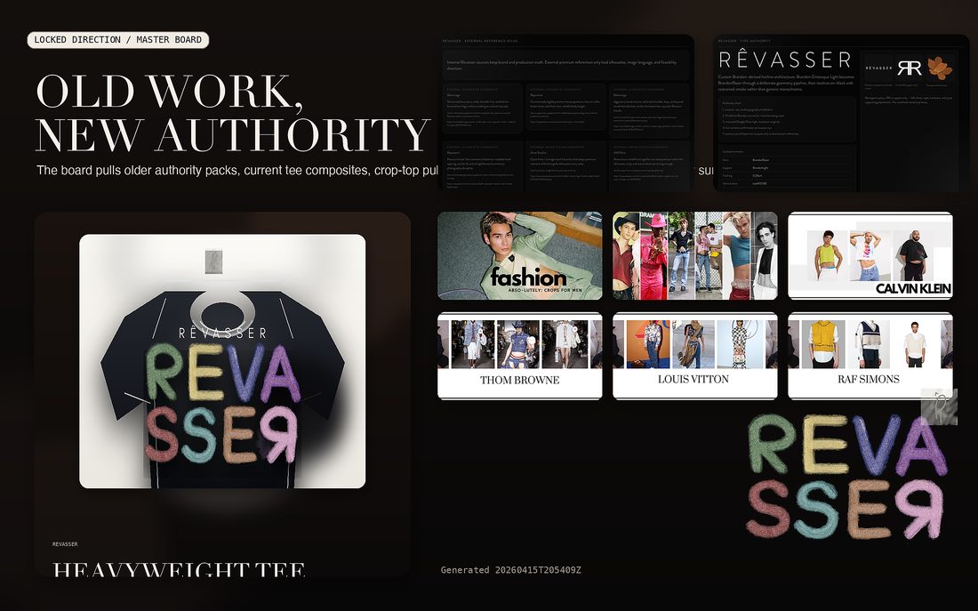 Deck · Cropped menswear register. Short-box block origin study.