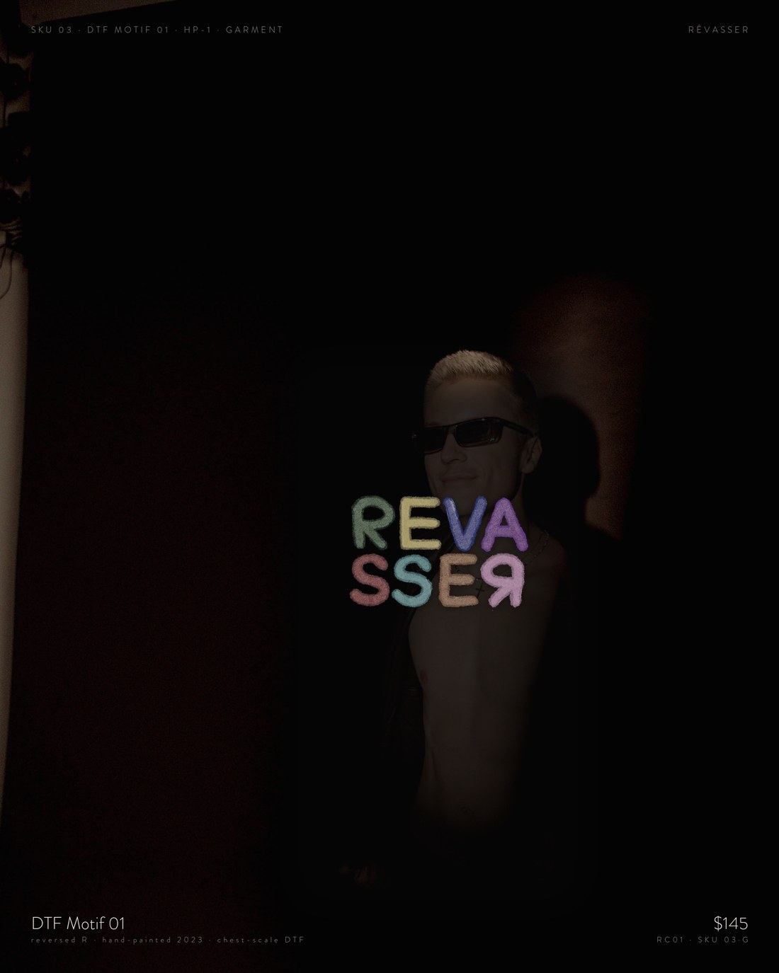 SKU-03 · HP-1 full-chest study. The reversed R at garment scale. DTF soft-hand matte; the print must feel pressed into the fabric rather than sitting on top.