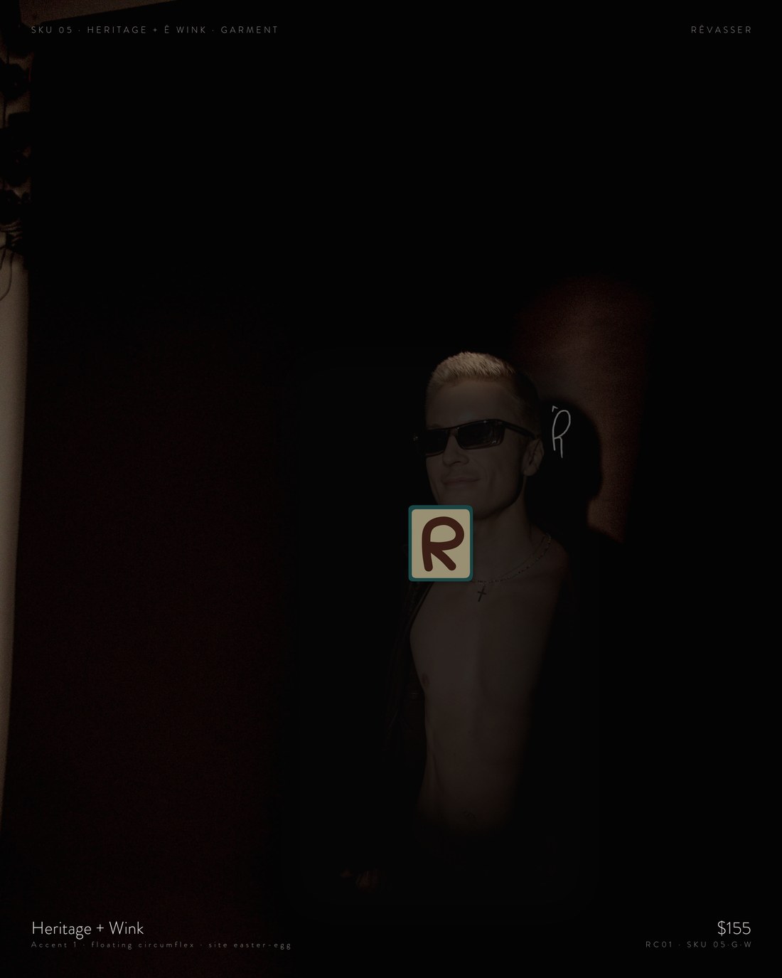 SKU-05 · ê wink study. The original winky-register exploration before Heritage Patch won the SKU-5 slot. Now lives as SKU-2 nape secondary motif (Decision 2 Option C).